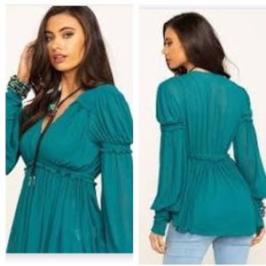 Teal Long-Sleeve V-Neck Peasant Top